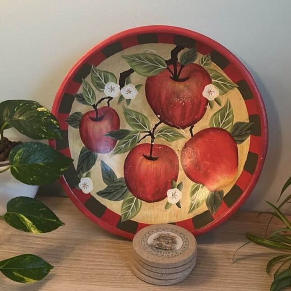 Primitive folk art Hand-Painted Wooden Apple Bowl